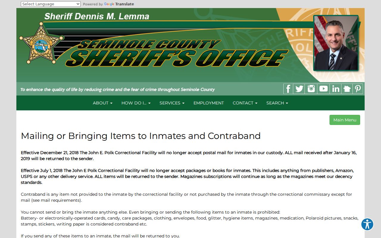 Seminole County jail criminal record booking number mail instructions