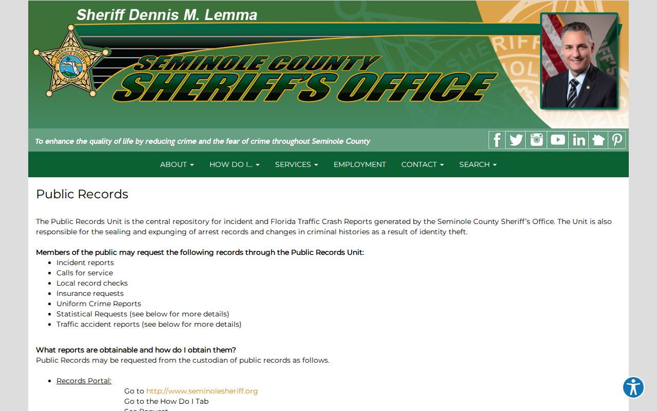 Seminole County criminal history sheriff public records request